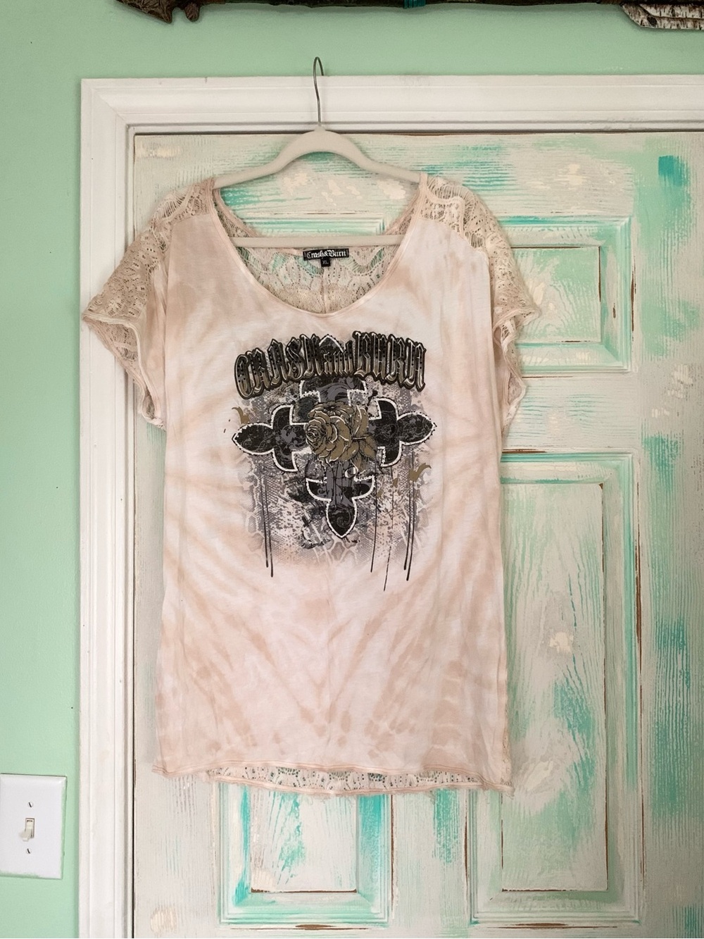 Crash & Burn Taupe/Antique Cream Rhinestone Lace Blouse XL